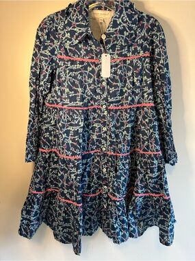 NWT Simply Southern Navy with Teal Pink Bows Button-Front Dress with Pink Trim